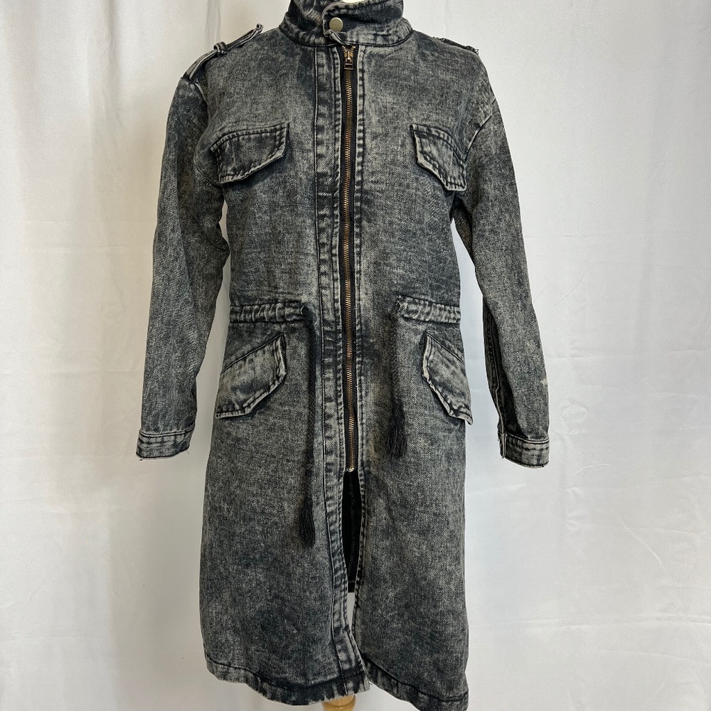 Gray Acid Washed Denim Zip Up Trench Coat Jacket
